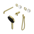 An image of Nero Tapware's Serenity Progressive Shower System With Spout With Arabescato Corchia Handle And Serenity Hand Shower Trim Kit Only Brushed Gold