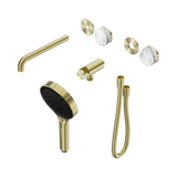 An image of Nero Tapware's Serenity Progressive Shower System With Spout With Arabescato Corchia Handle And Serenity Hand Shower Trim Kit Only Brushed Gold