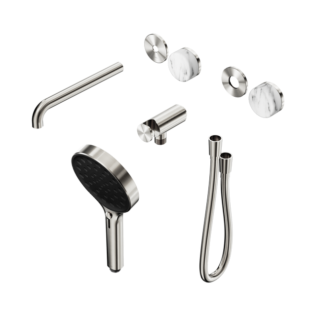 An image of Nero Tapware's Serenity Progressive Shower System With Spout With Arabescato Corchia Handle And Serenity Hand Shower Trim Kit Only Brushed Nickel