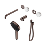 An image of Nero Tapware's Serenity Progressive Shower System With Spout With Arabescato Corchia Handle And Serenity Hand Shower Trim Kit Only Brushed Bronze