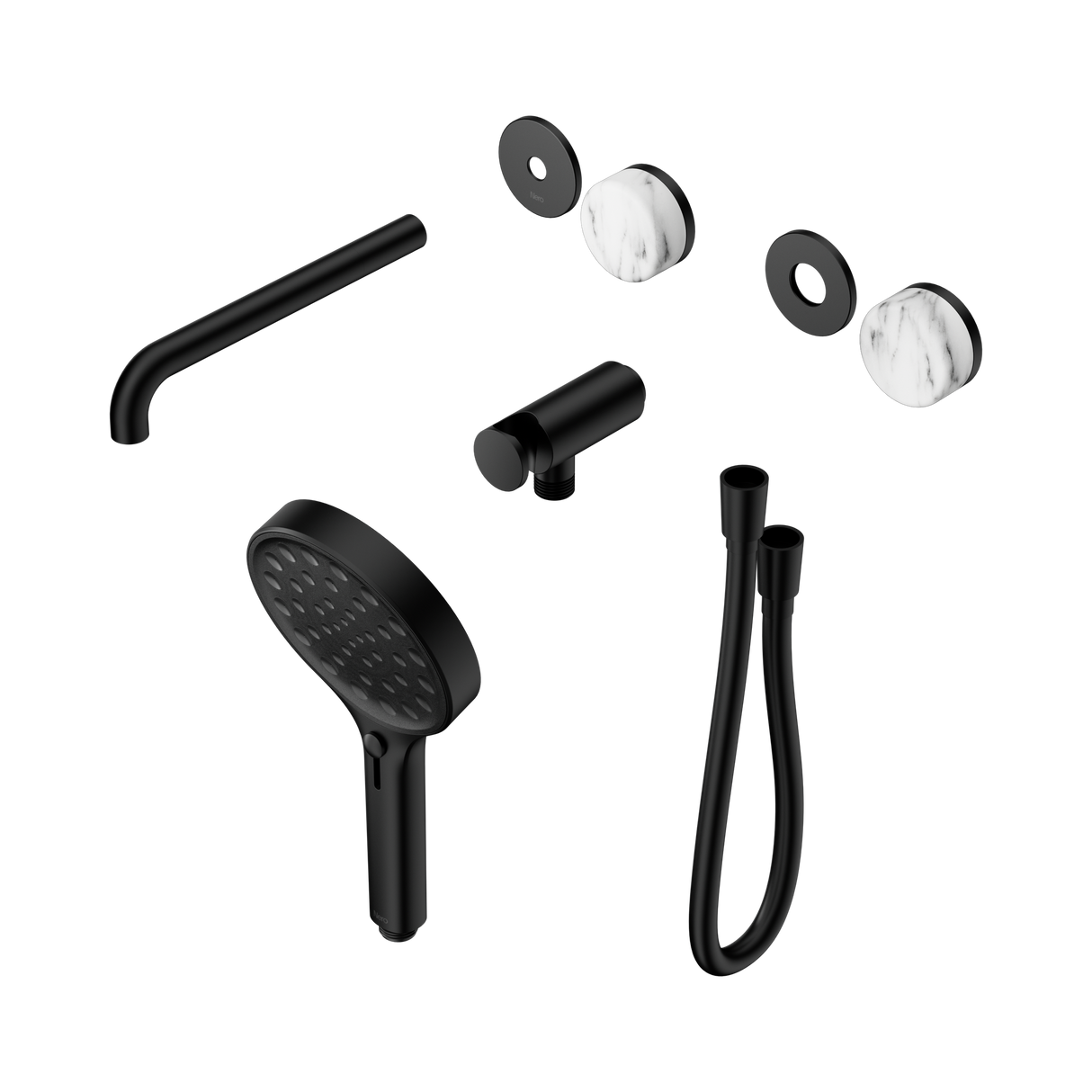 An image of Nero Tapware's Serenity Progressive Shower System With Spout With Arabescato Corchia Handle And Serenity Hand Shower Trim Kit Only Matt Black