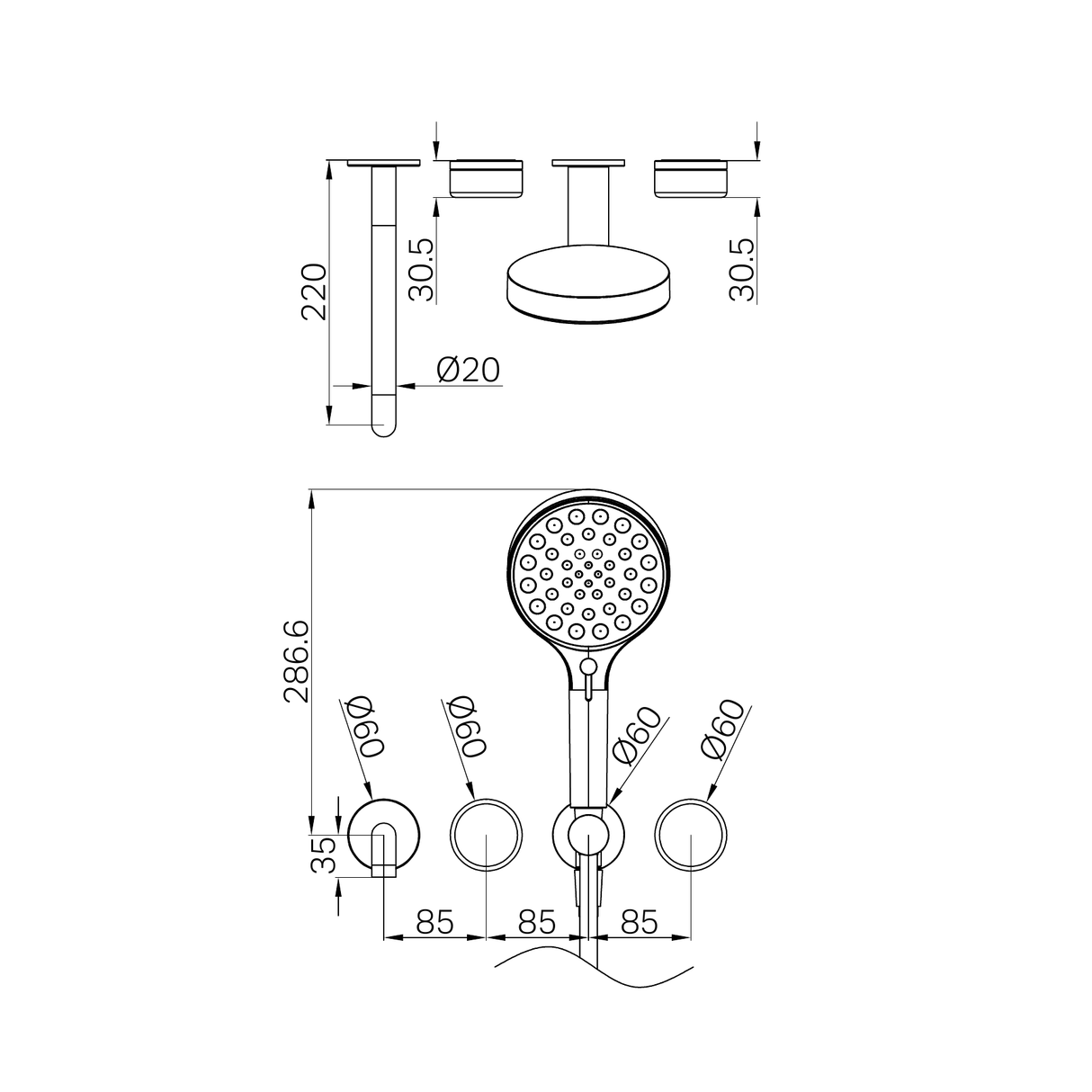 A line drawing of Nero Tapware's Serenity Progressive Shower System With Spout With Arabescato Corchia Handle And Serenity Hand Shower Trim Kit Only Brushed Nickel