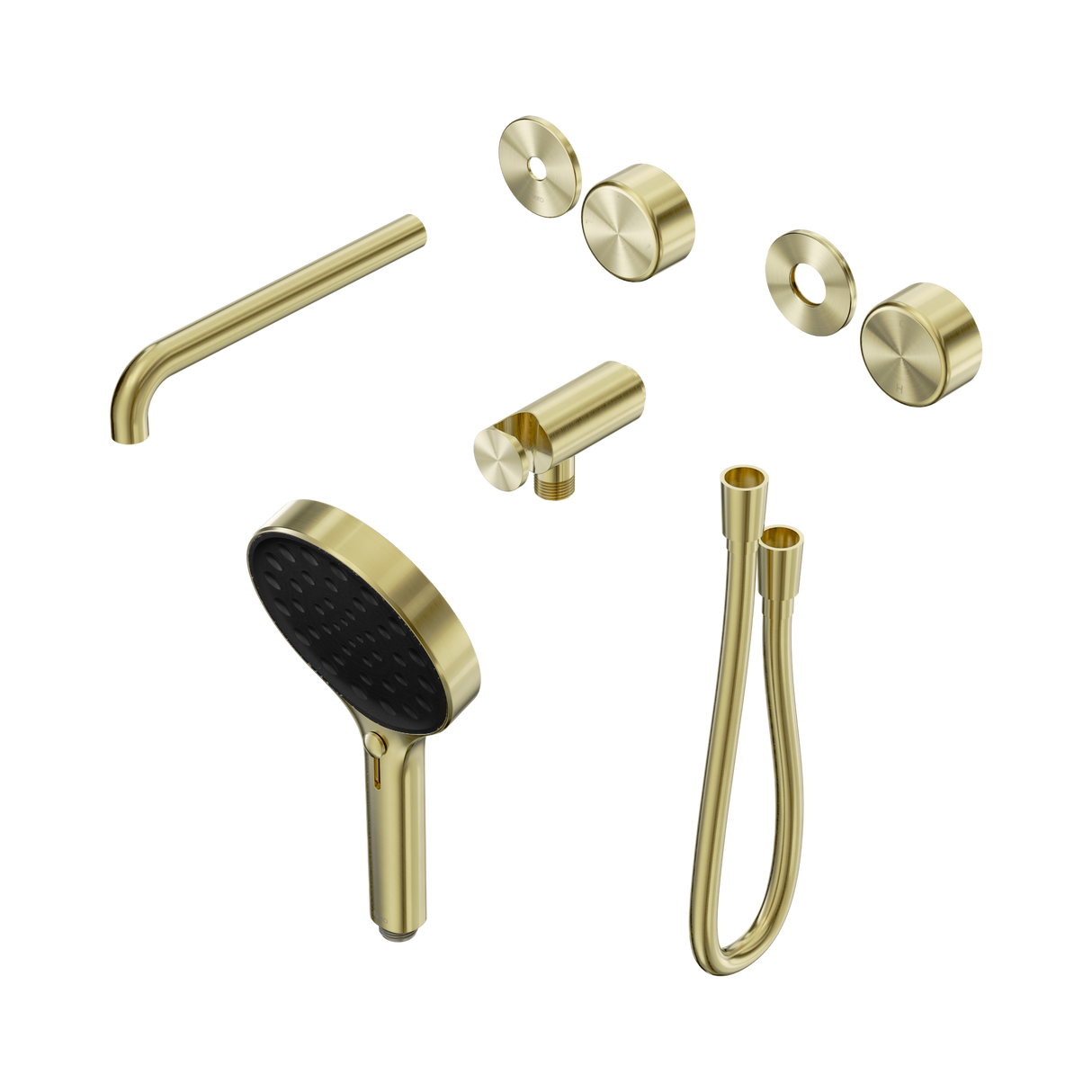 An image of Nero Tapware's Serenity Progressive Shower System With Spout With Metal Handle And Serenity Hand Shower Trim Kit Only Brushed Gold
