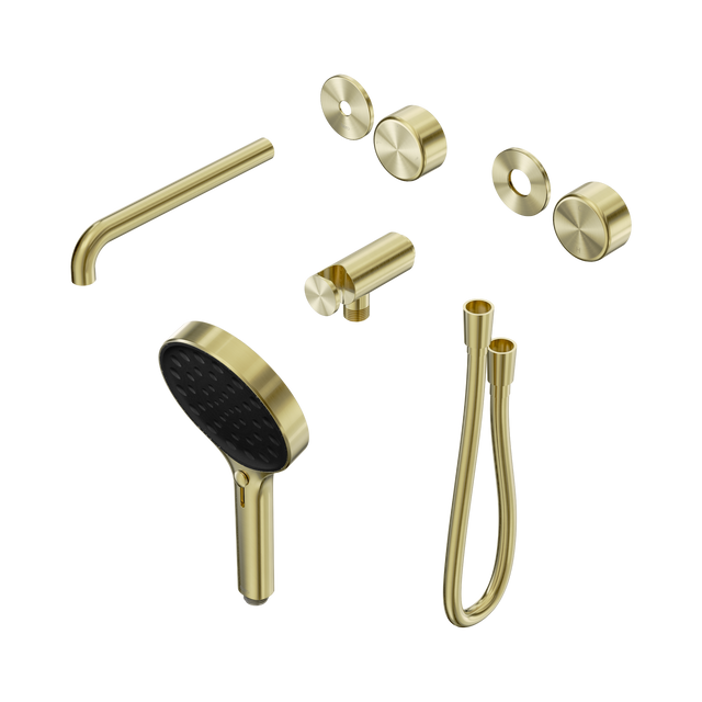 An image of Nero Tapware's Serenity Progressive Shower System With Spout With Metal Handle And Serenity Hand Shower Trim Kit Only Brushed Gold