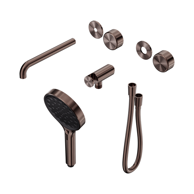 An image of Nero Tapware's Serenity Progressive Shower System With Spout With Metal Handle And Serenity Hand Shower Trim Kit Only Brushed Bronze