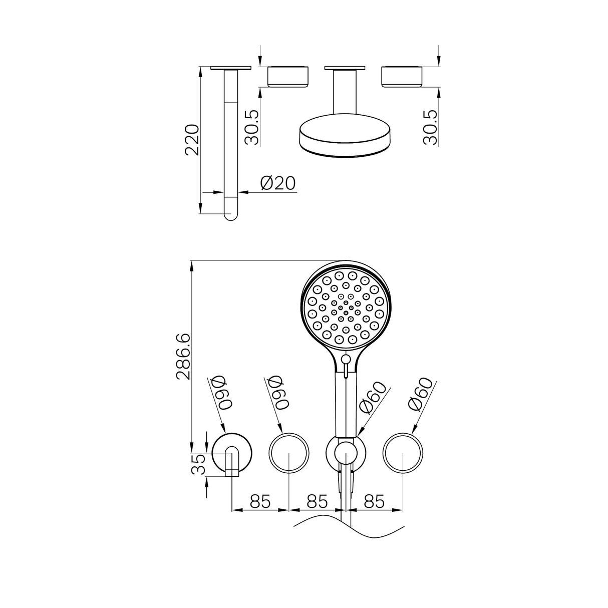 A line drawing of Nero Tapware's Serenity Progressive Shower System With Spout With Metal Handle And Serenity Hand Shower Trim Kit Only Brushed Gold