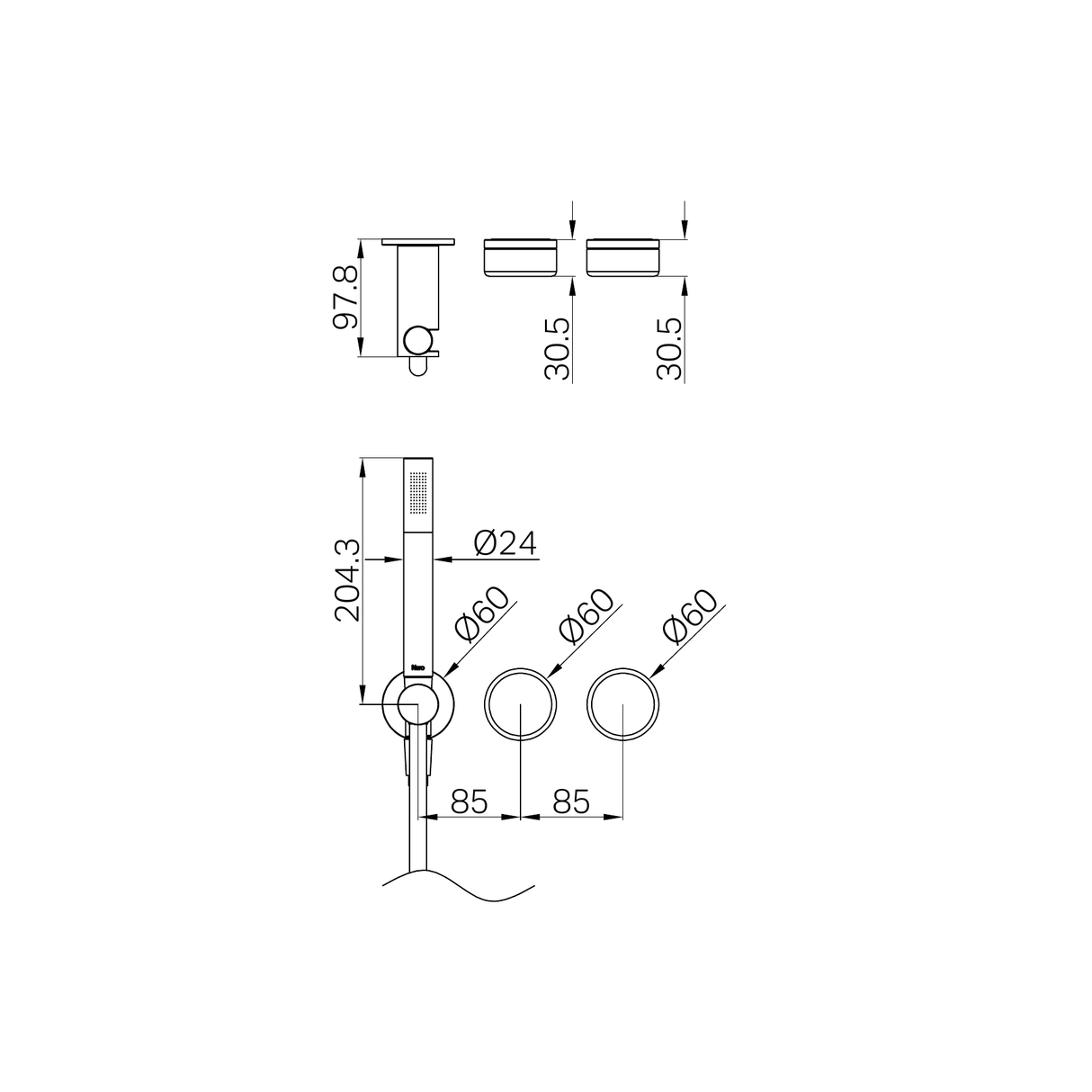A line drawing of Nero Tapware's Serenity Progressive Shower System With Verde Alpi Handle And Slim Shower Trim Kit Only Brushed Nickel