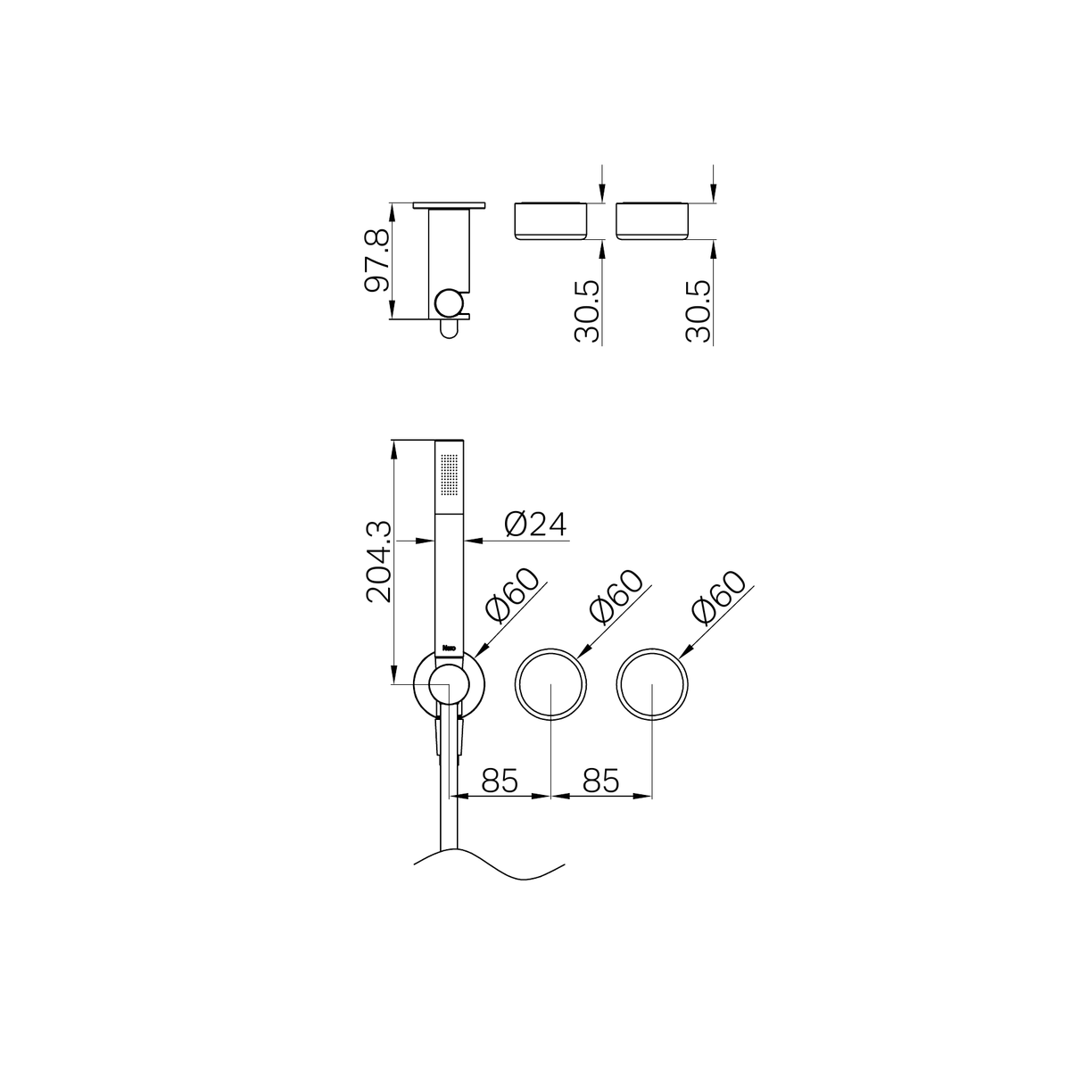 A line drawing of Nero Tapware's Serenity Progressive Shower System With Metal Handle And Slim Shower Trim Kit Only Matt Black