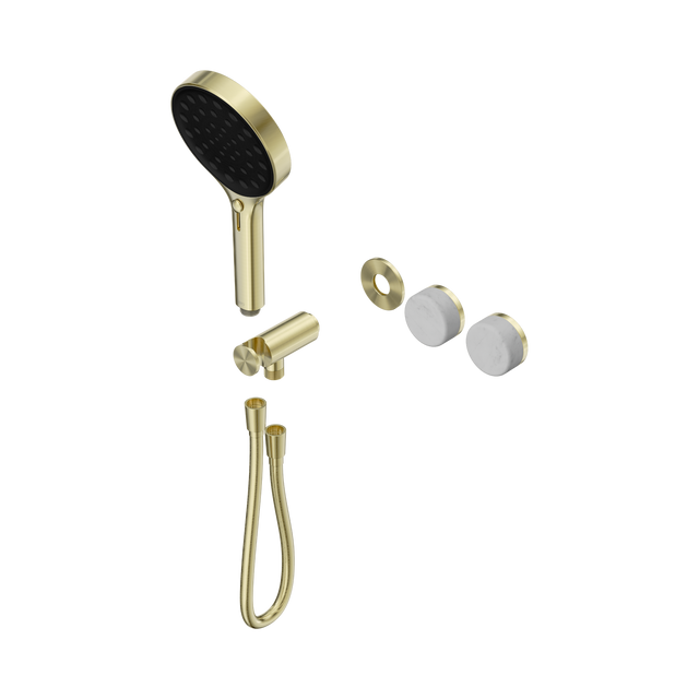 An image of Nero Tapware's Serenity Progressive Shower System With Carrara Handle And Serenity Hand Shower Trim Kit Only Brushed Gold