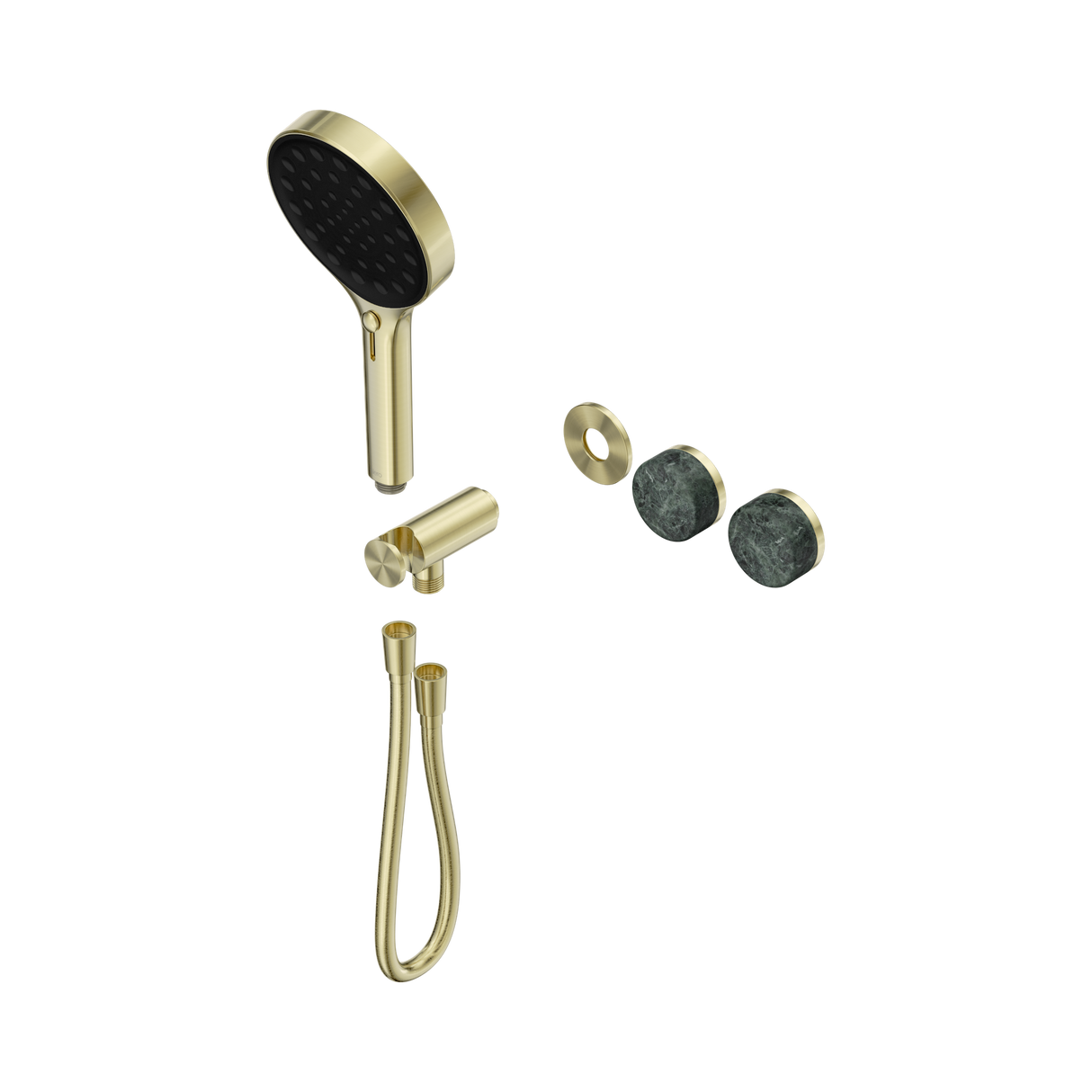 An image of Nero Tapware's Serenity Progressive Shower System With Verde Alpi Handle And Serenity Hand Shower Trim Kit Only Brushed Gold