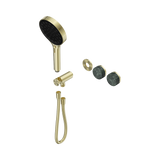 An image of Nero Tapware's Serenity Progressive Shower System With Verde Alpi Handle And Serenity Hand Shower Trim Kit Only Brushed Gold