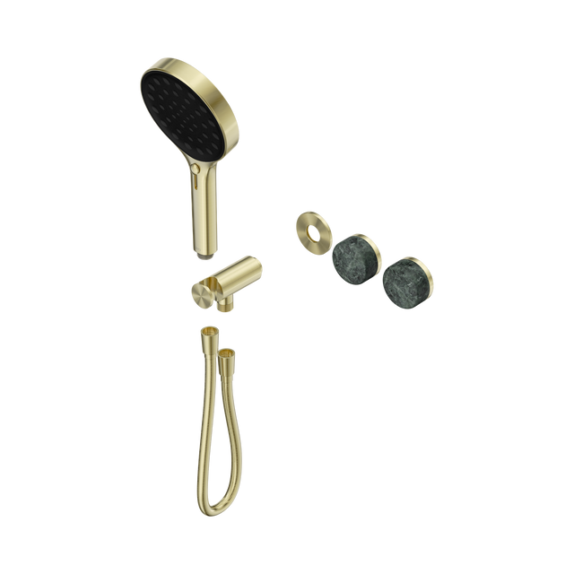 An image of Nero Tapware's Serenity Progressive Shower System With Verde Alpi Handle And Serenity Hand Shower Trim Kit Only Brushed Gold