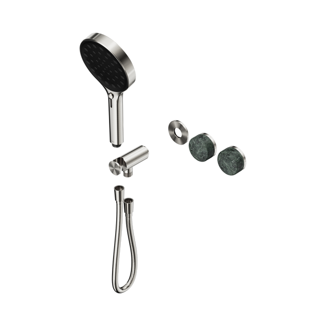 An image of Nero Tapware's Serenity Progressive Shower System With Verde Alpi Handle And Serenity Hand Shower Trim Kit Only Brushed Nickel
