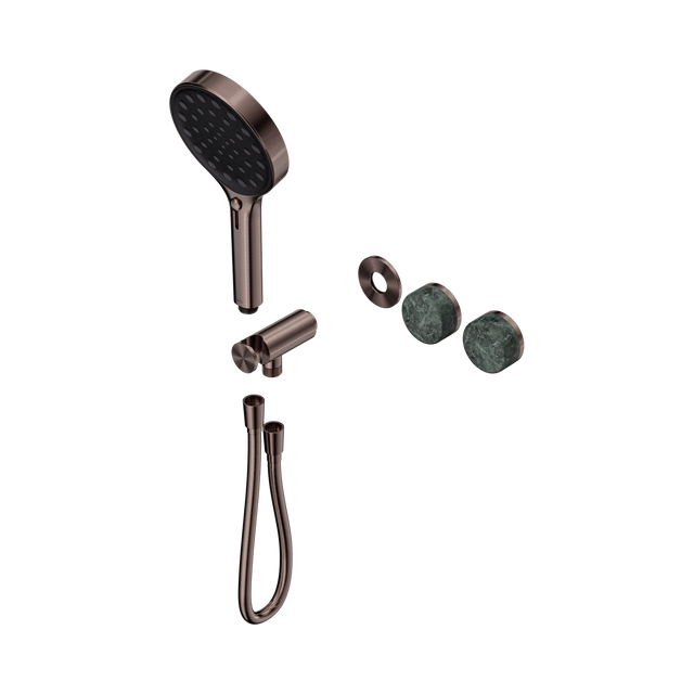 An image of Nero Tapware's Serenity Progressive Shower System With Verde Alpi Handle And Serenity Hand Shower Trim Kit Only Brushed Bronze