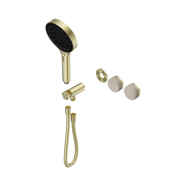 An image of Nero Tapware's Serenity Progressive Shower System With Rome Travertine Handle And Serenity Hand Shower Trim Kit Only Brushed Gold
