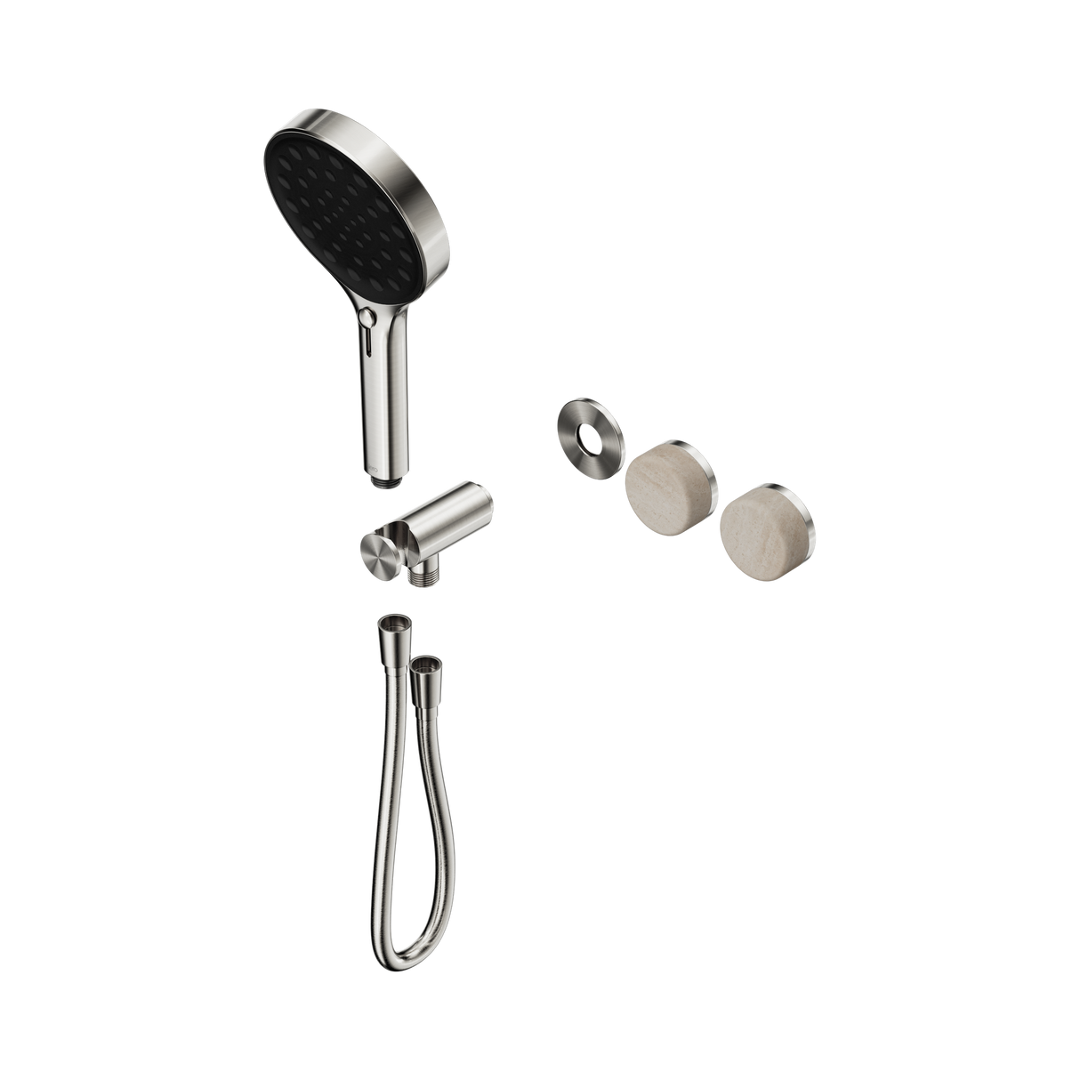 An image of Nero Tapware's Serenity Progressive Shower System With Rome Travertine Handle And Serenity Hand Shower Trim Kit Only Brushed Nickel