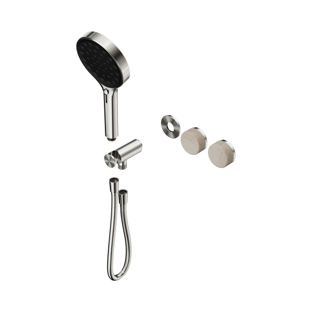 An image of Nero Tapware's Serenity Progressive Shower System With Rome Travertine Handle And Serenity Hand Shower Trim Kit Only Brushed Nickel