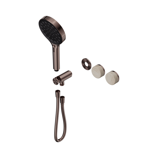 An image of Nero Tapware's Serenity Progressive Shower System With Rome Travertine Handle And Serenity Hand Shower Trim Kit Only Brushed Bronze