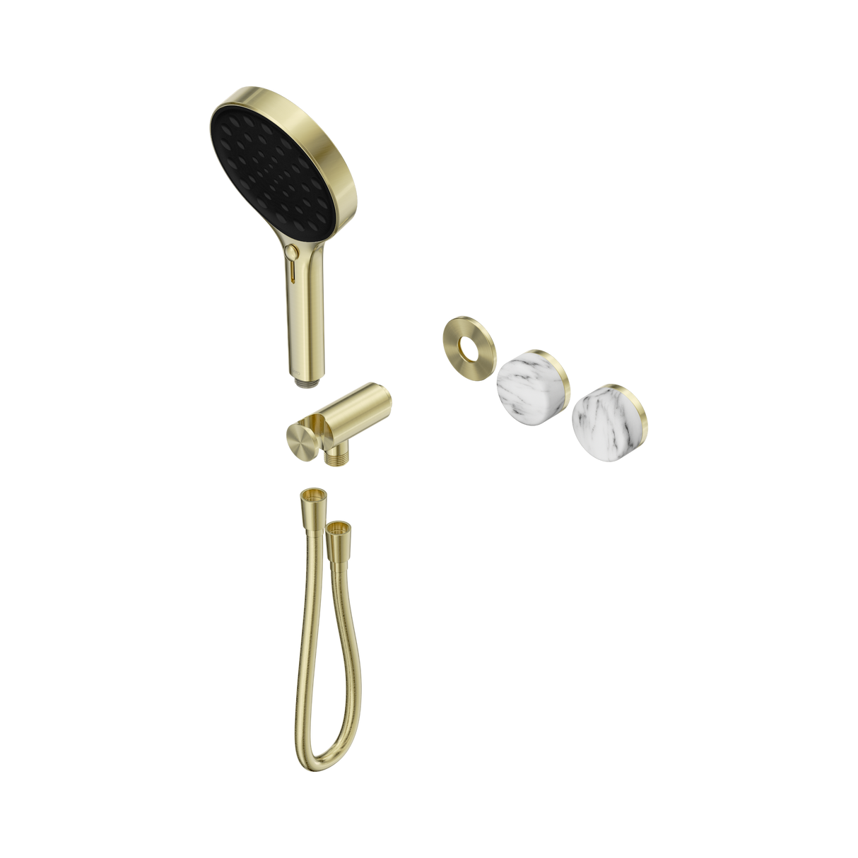 An image of Nero Tapware's Serenity Progressive Shower System With Arabescato Corchia Handle And Serenity Hand Shower Trim Kit Only Brushed Gold