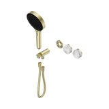 An image of Nero Tapware's Serenity Progressive Shower System With Arabescato Corchia Handle And Serenity Hand Shower Trim Kit Only Brushed Gold