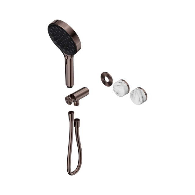 An image of Nero Tapware's Serenity Progressive Shower System With Arabescato Corchia Handle And Serenity Hand Shower Trim Kit Only Brushed Bronze