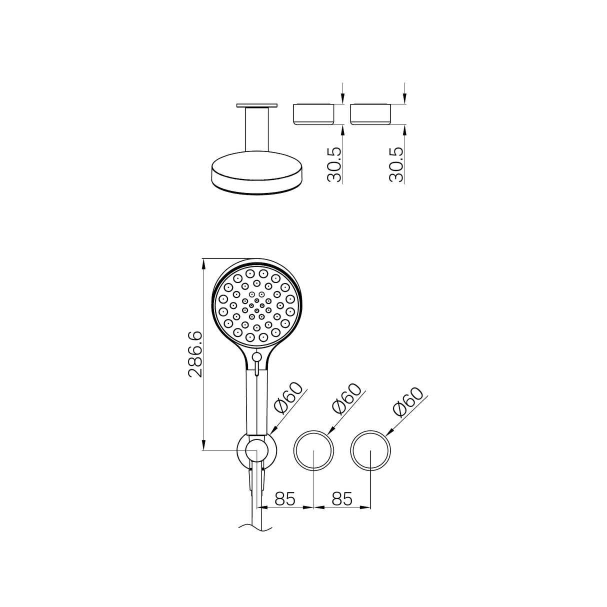 A line drawing of Nero Tapware's Serenity Progressive Shower System With Metal Handle And Serenity Hand Shower Trim Kit Only Chrome