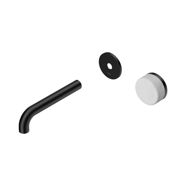 An image of Nero Tapware's Serenity Progressive Wall Basin Mixer 160mm Spout With Carrara Handle Trim Kit Only Matt Black