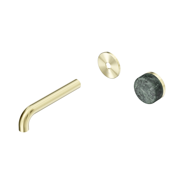 An image of Nero Tapware's Serenity Progressive Wall Basin Mixer 160mm Spout With Verde Alpi Handle Trim Kit Only Brushed Gold