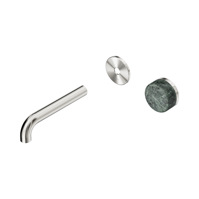 An image of Nero Tapware's Serenity Progressive Wall Basin Mixer 160mm Spout With Verde Alpi Handle Trim Kit Only Brushed Nickel