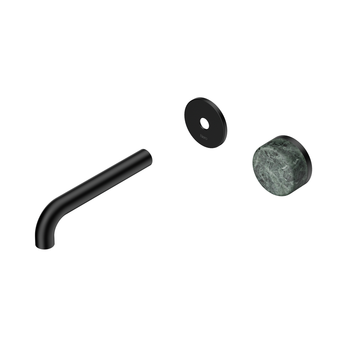 An image of Nero Tapware's Serenity Progressive Wall Basin Mixer 160mm Spout With Verde Alpi Handle Trim Kit Only Matt Black