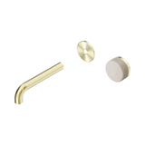An image of Nero Tapware's Serenity Progressive Wall Basin Mixer 160mm Spout With Rome Travertine Handle Trim Kit Only Brushed Gold