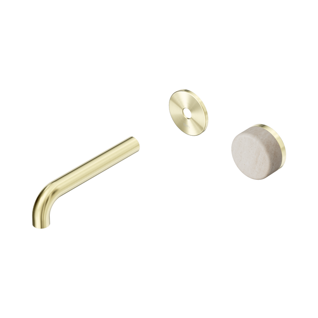 An image of Nero Tapware's Serenity Progressive Wall Basin Mixer 160mm Spout With Rome Travertine Handle Trim Kit Only Brushed Gold