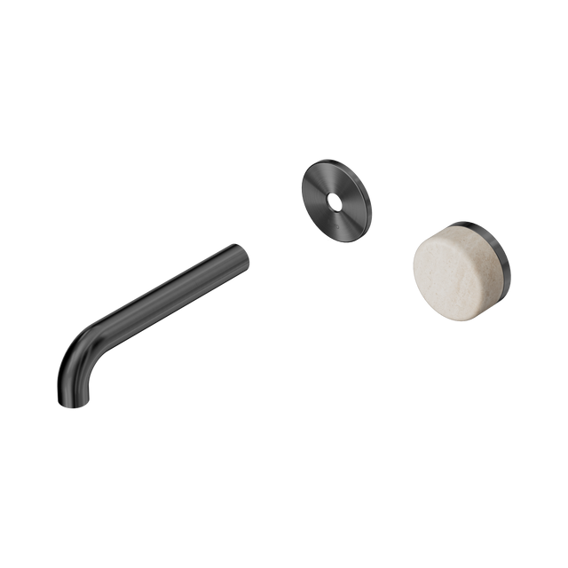 An image of Nero Tapware's Serenity Progressive Wall Basin Mixer 160mm Spout With Rome Travertine Handle Trim Kit Only Gun Metal