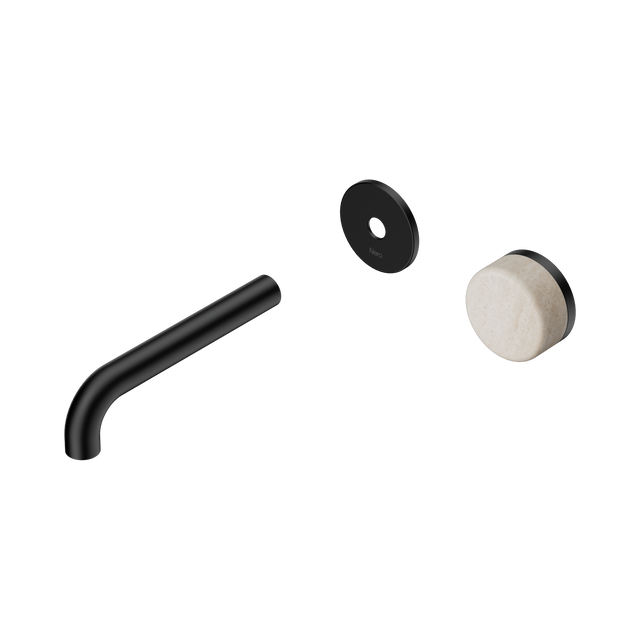 An image of Nero Tapware's Serenity Progressive Wall Basin Mixer 160mm Spout With Rome Travertine Handle Trim Kit Only Matt Black