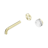 An image of Nero Tapware's Serenity Progressive Wall Basin Mixer 160mm Spout With Arabescato Corchia Handle Trim Kit Only Brushed Gold