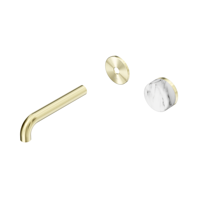 An image of Nero Tapware's Serenity Progressive Wall Basin Mixer 160mm Spout With Arabescato Corchia Handle Trim Kit Only Brushed Gold