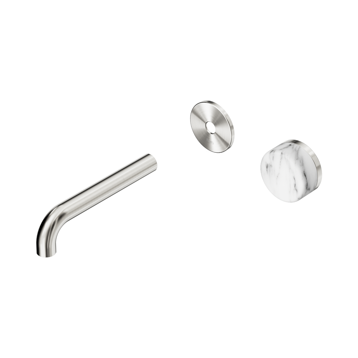 An image of Nero Tapware's Serenity Progressive Wall Basin Mixer 160mm Spout With Arabescato Corchia Handle Trim Kit Only Brushed Nickel