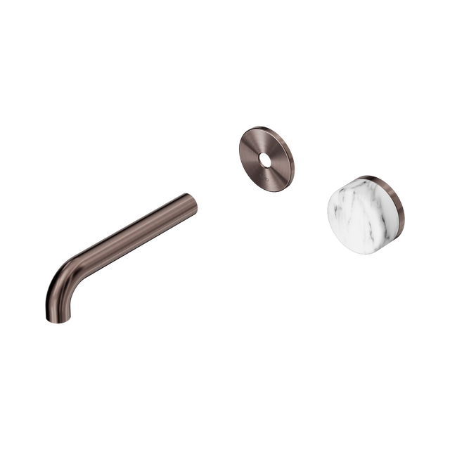 An image of Nero Tapware's Serenity Progressive Wall Basin Mixer 160mm Spout With Arabescato Corchia Handle Trim Kit Only Brushed Bronze
