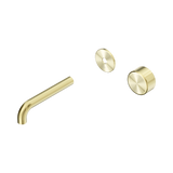 An image of Nero Tapware's Serenity Progressive Wall Basin Mixer 160mm Spout With Metal Handle Trim Kit Only Brushed Gold