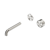 An image of Nero Tapware's Serenity Progressive Wall Basin Mixer 160mm Spout With Metal Handle Trim Kit Only Brushed Nickel