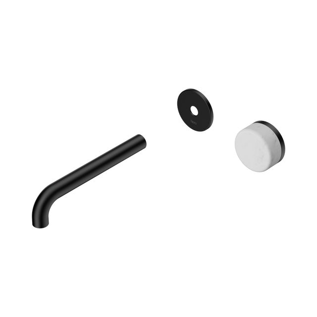 An image of Nero Tapware's Serenity Progressive Wall Basin Mixer 185mm Spout With Carrara Handle Trim Kit Only Matt Black