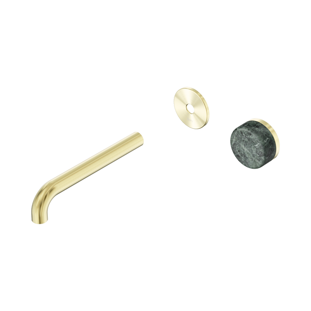 An image of Nero Tapware's Serenity Progressive Wall Basin Mixer 185mm Spout With Verde Alpi Handle Trim Kit Only Brushed Gold