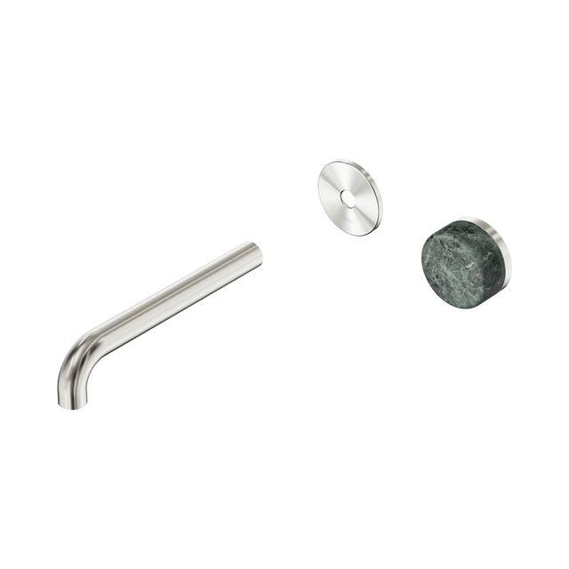 An image of Nero Tapware's Serenity Progressive Wall Basin Mixer 185mm Spout With Verde Alpi Handle Trim Kit Only Brushed Nickel
