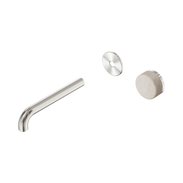 An image of Nero Tapware's Serenity Progressive Wall Basin Mixer 185mm Spout With Rome Travertine Handle Trim Kit Only Brushed Nickel