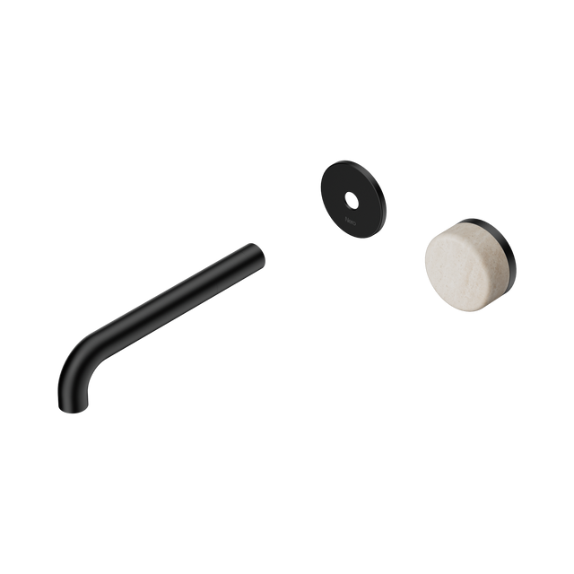 An image of Nero Tapware's Serenity Progressive Wall Basin Mixer 185mm Spout With Rome Travertine Handle Trim Kit Only Matt Black