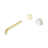 An image of Nero Tapware's Serenity Progressive Wall Basin Mixer 185mm Spout With Arabescato Corchia Handle Trim Kit Only Brushed Gold