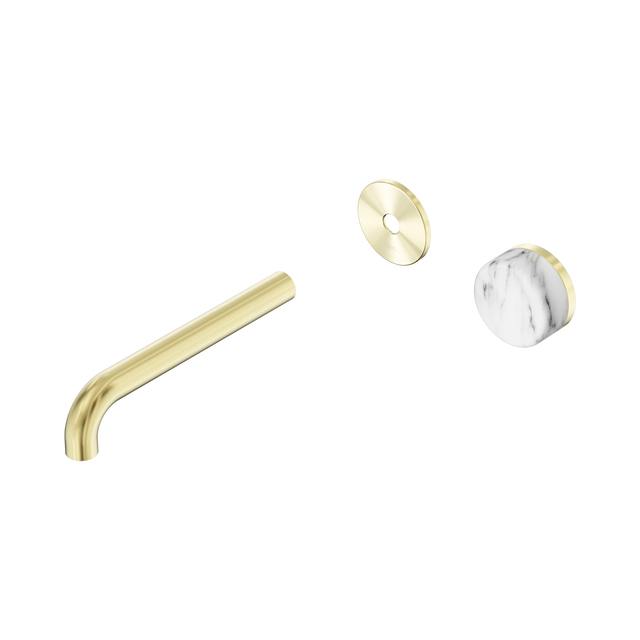 An image of Nero Tapware's Serenity Progressive Wall Basin Mixer 185mm Spout With Arabescato Corchia Handle Trim Kit Only Brushed Gold