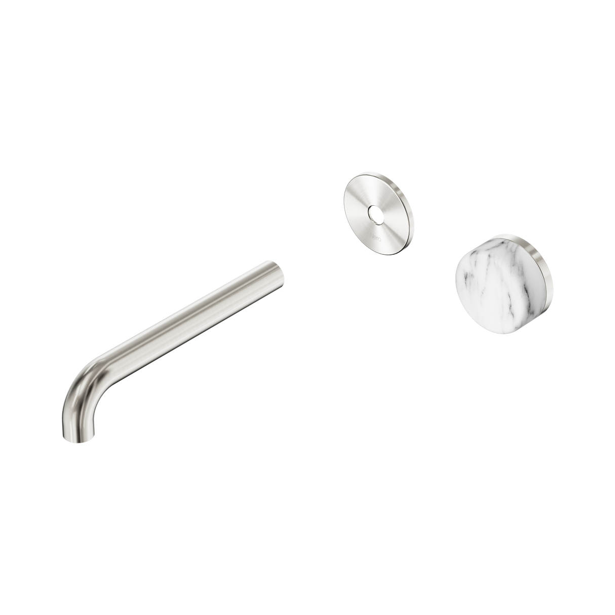 An image of Nero Tapware's Serenity Progressive Wall Basin Mixer 185mm Spout With Arabescato Corchia Handle Trim Kit Only Brushed Nickel