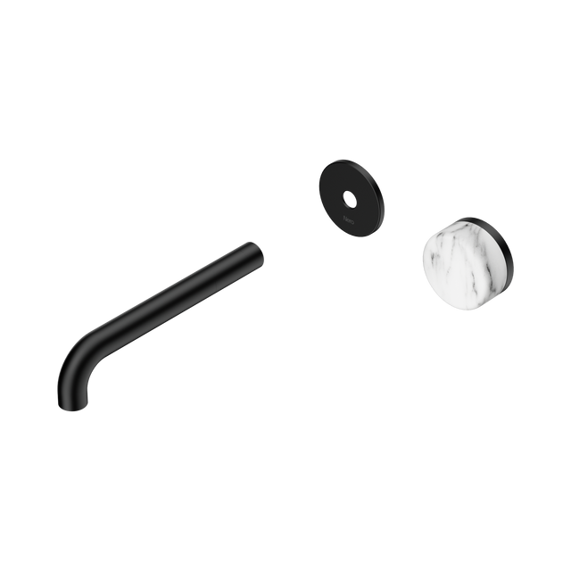 An image of Nero Tapware's Serenity Progressive Wall Basin Mixer 185mm Spout With Arabescato Corchia Handle Trim Kit Only Matt Black