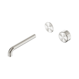 An image of Nero Tapware's Serenity Progressive Wall Basin Mixer 185mm Spout With Metal Handle Trim Kit Only Brushed Nickel